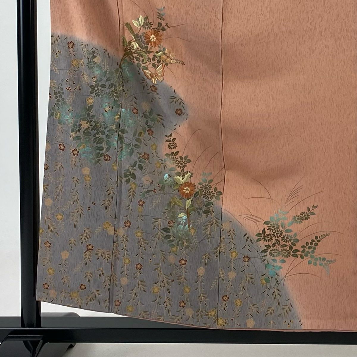付下 身長156.5cm 袖長62.5cm S 雙層 鈴乃屋 草花紋紋 蝶刺繡 金糸 粉紅 純蠶絲 秀品級