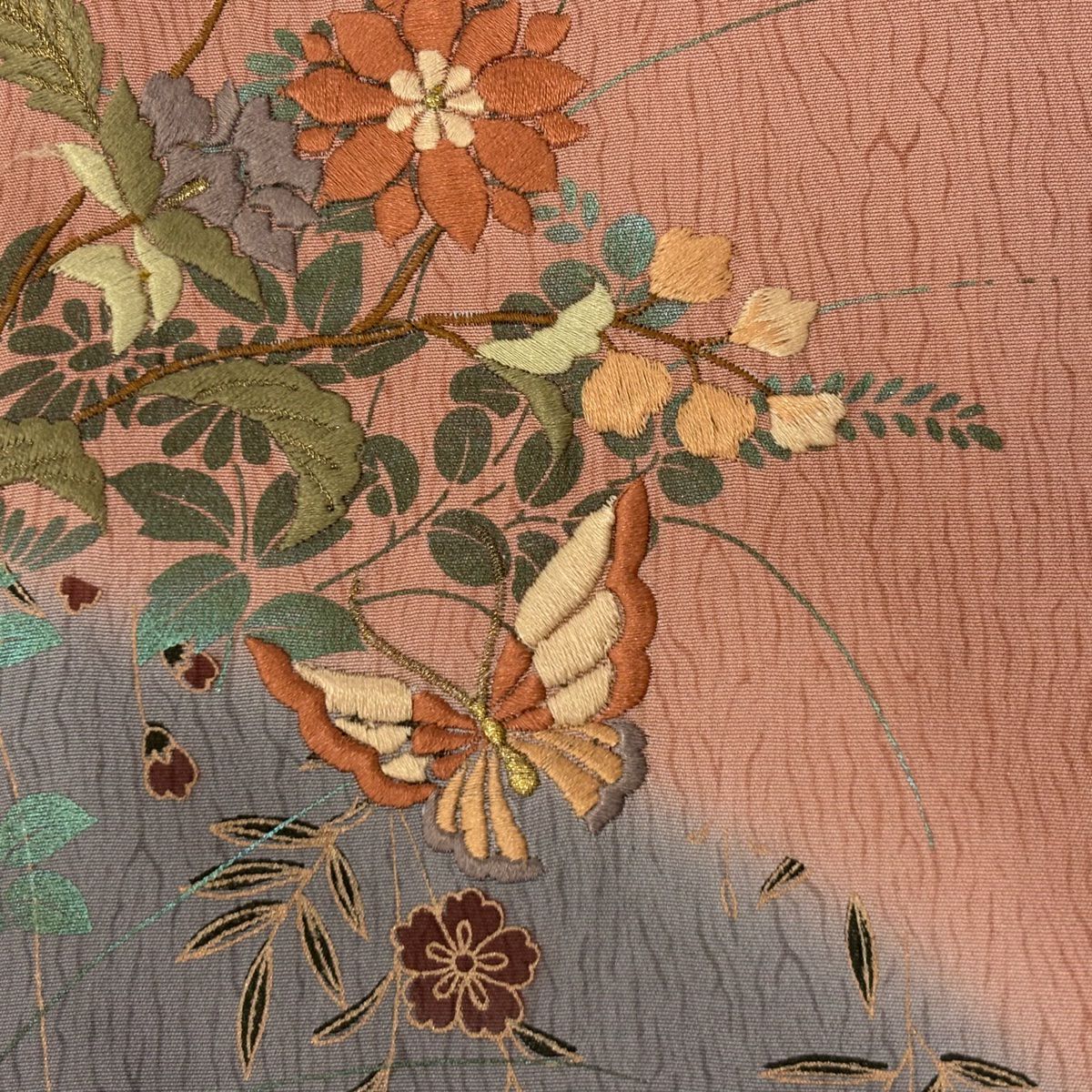 付下 身長156.5cm 袖長62.5cm S 雙層 鈴乃屋 草花紋紋 蝶刺繡 金糸 粉紅 純蠶絲 秀品級