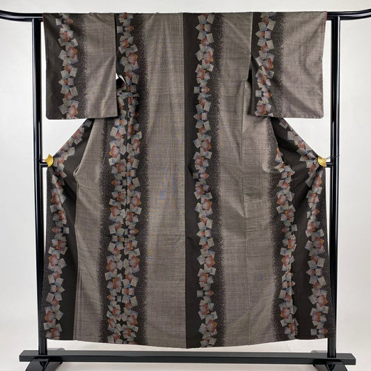 紬織 身長155.5cm 袖長61cm S 雙層 大和 色紙 幾何圖案 焦茶 純蠶絲 優品級