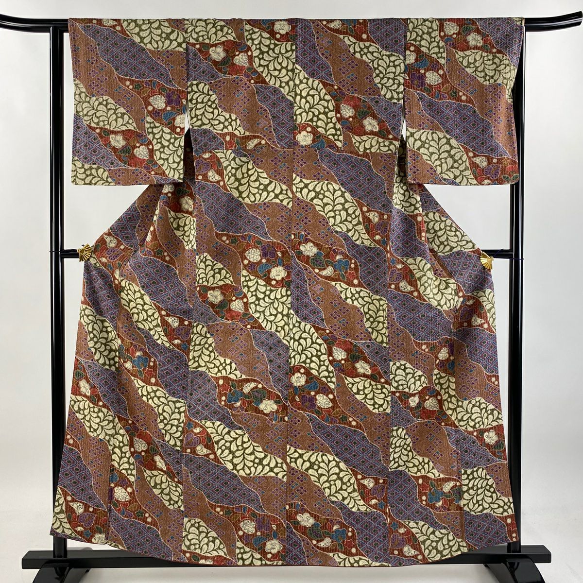 小紋 身長159cm 袖長63.5cm S 雙層 道長取 椿 金彩裝飾 紅茶 純蠶絲 美品 秀品級