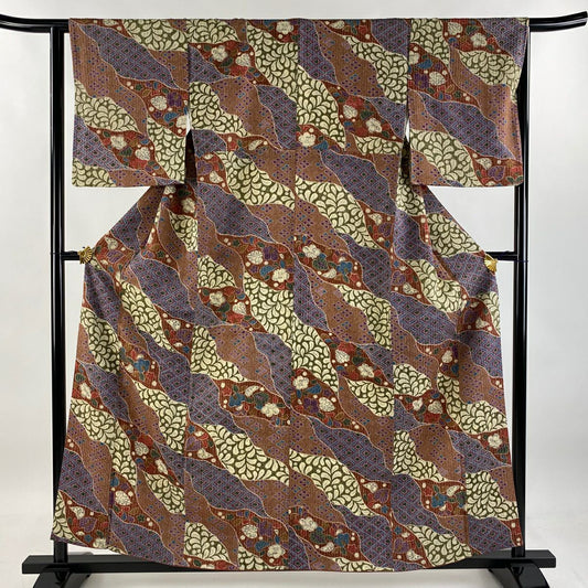 小紋 身長159cm 袖長63.5cm S 雙層 道長取 椿 金彩裝飾 紅茶 純蠶絲 美品 秀品級
