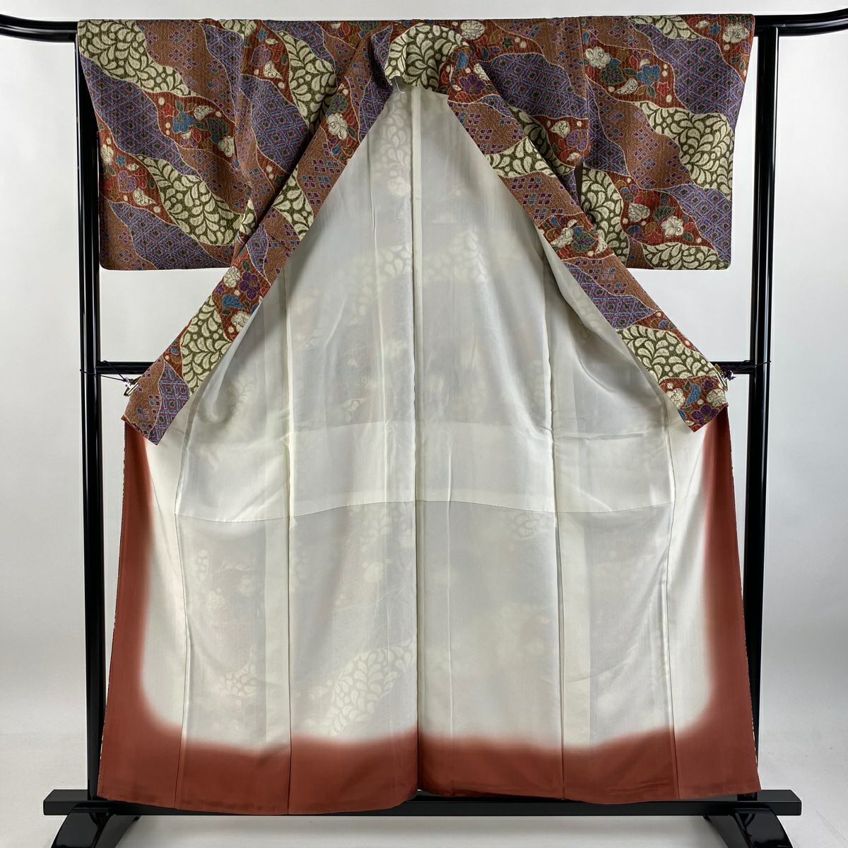 小紋 身長159cm 袖長63.5cm S 雙層 道長取 椿 金彩裝飾 紅茶 純蠶絲 美品 秀品級