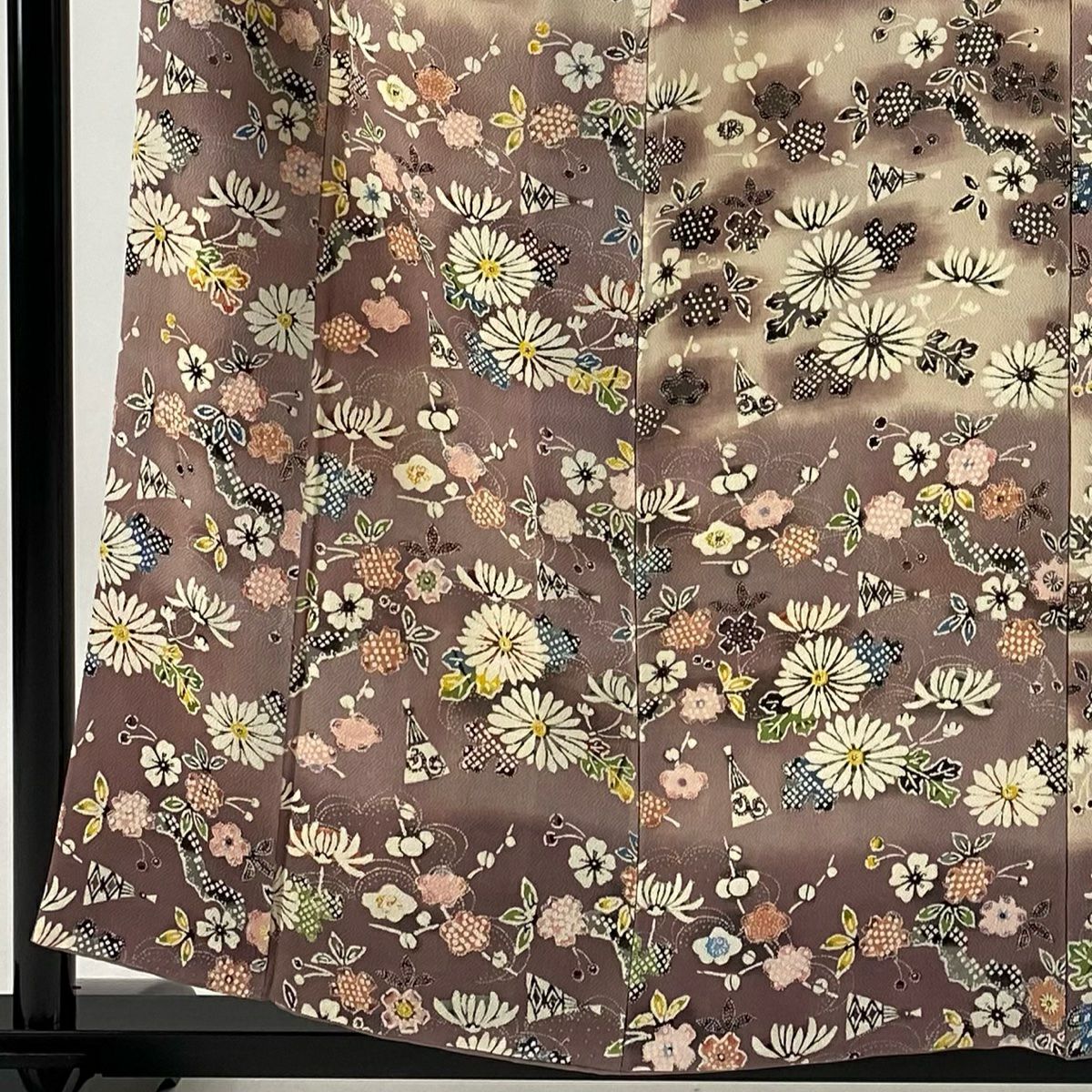 小紋 身長157cm 袖長63cm S 雙層 菊花 扇子 薄小豆 純蠶絲 秀品級