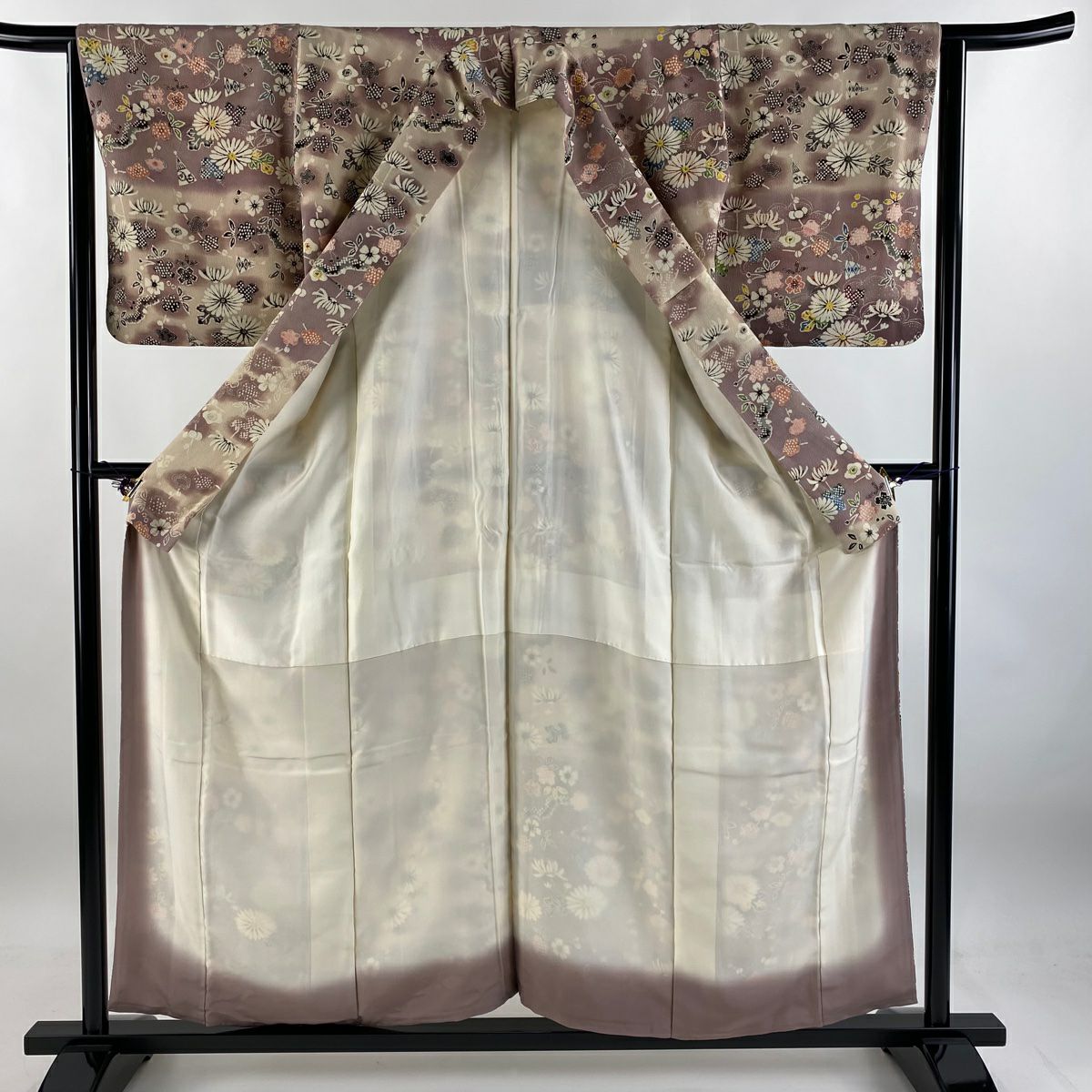 小紋 身長157cm 袖長63cm S 雙層 菊花 扇子 薄小豆 純蠶絲 秀品級