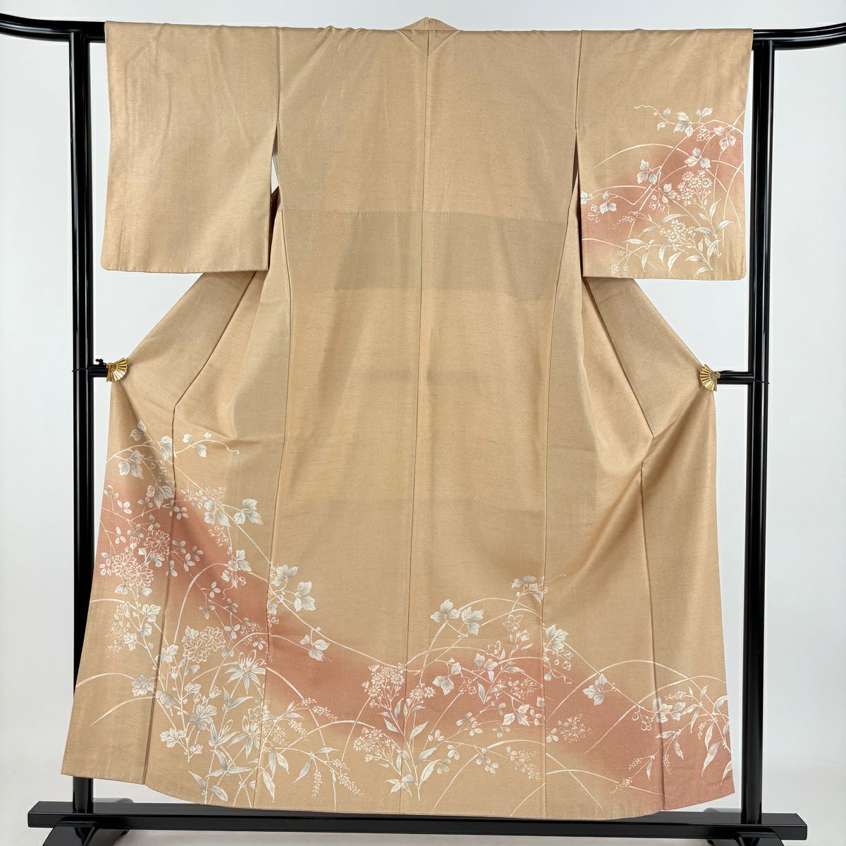 訪問服 身長156.5cm 袖長61.5cm S 雙層 草花紋紋 染分 逐漸變化 薄茶 純蠶絲 秀品級