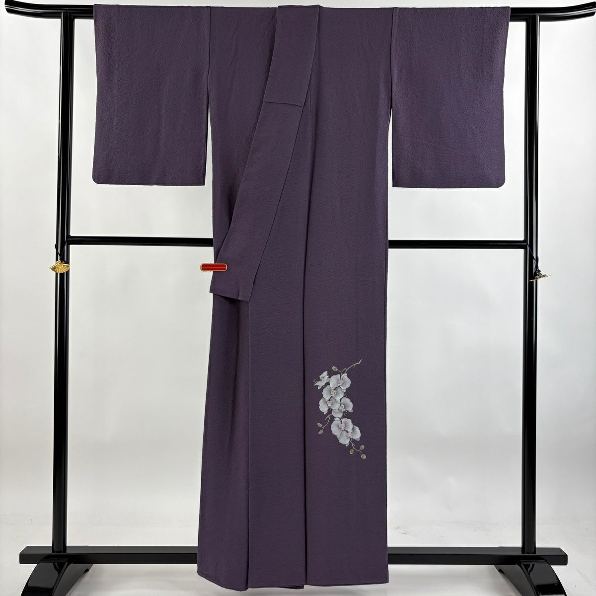 付下 身長157cm 袖長63cm S 雙層 菅有鬼一 落款 胡蝶蘭 地紋 金彩裝飾 紫 純蠶絲 逸品級