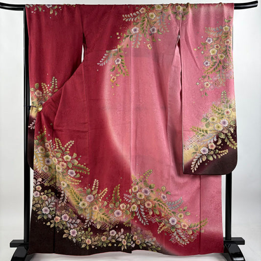 振袖禮服 身長164cm 袖長70cm L 雙層 辻花染 松樹川菱 金通 金銀彩 深粉 純蠶絲 美品 逸品級