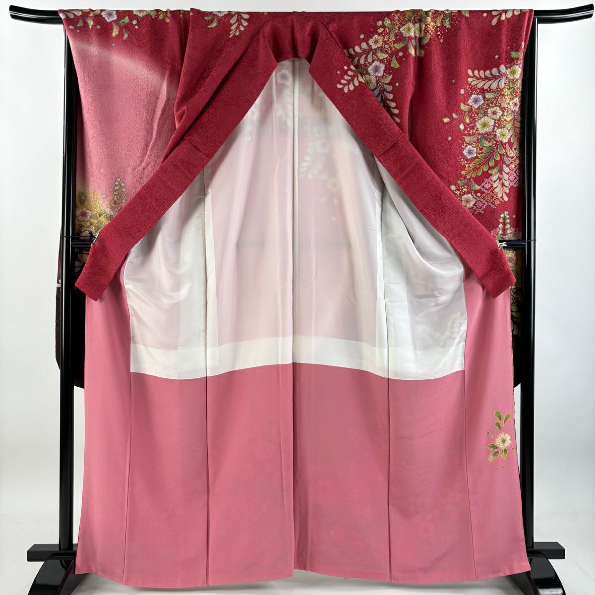 振袖禮服 身長164cm 袖長70cm L 雙層 辻花染 松樹川菱 金通 金銀彩 深粉 純蠶絲 美品 逸品級