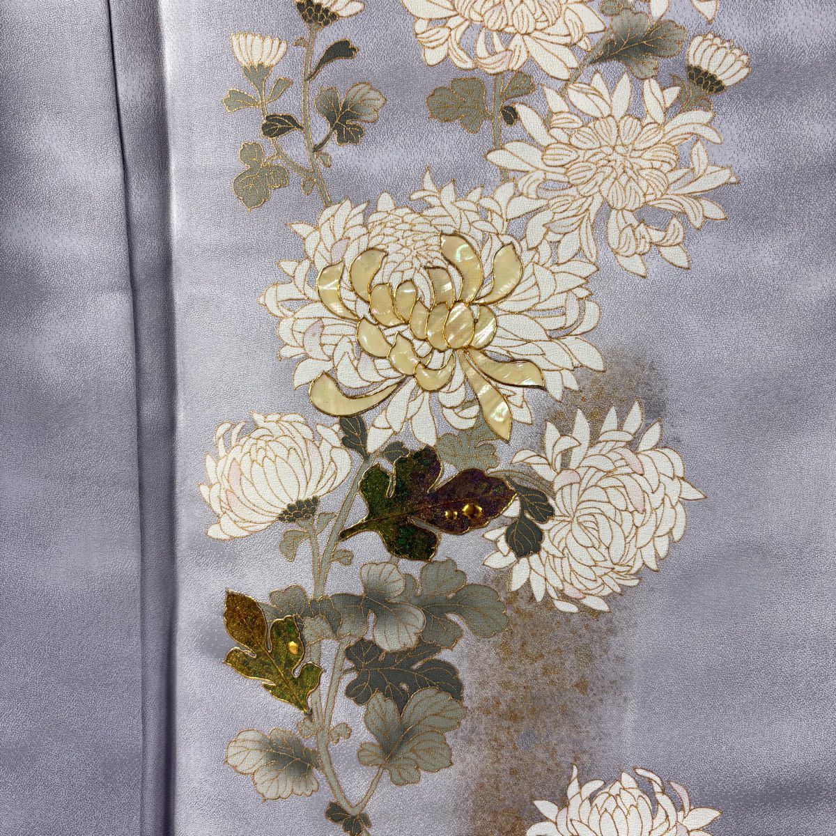 付下 身長164cm 袖長66.5cm M 雙層 甲斐泰造 有落款 菊花 螺鈿 金銀彩 淺紫 純蠶絲 逸品級