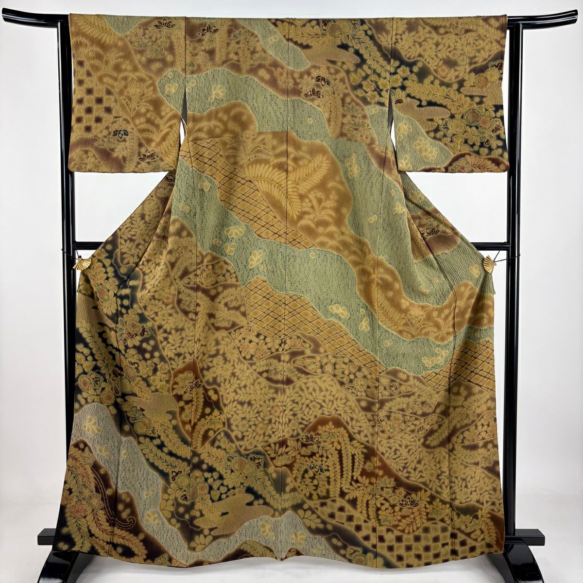 訪問服 身長161cm 袖長63cm S 雙層 落款あり 辻花染 霞 絞染 漸層 黃土 純蠶絲 逸品級