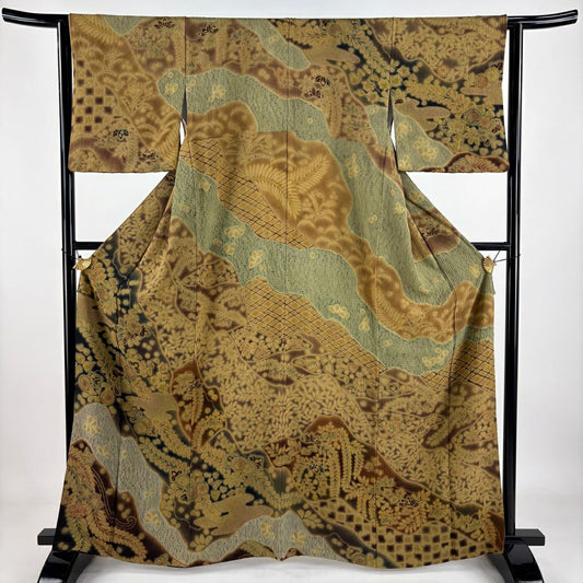 訪問服 身長161cm 袖長63cm S 雙層 落款あり 辻花染 霞 絞染 漸層 黃土 純蠶絲 逸品級