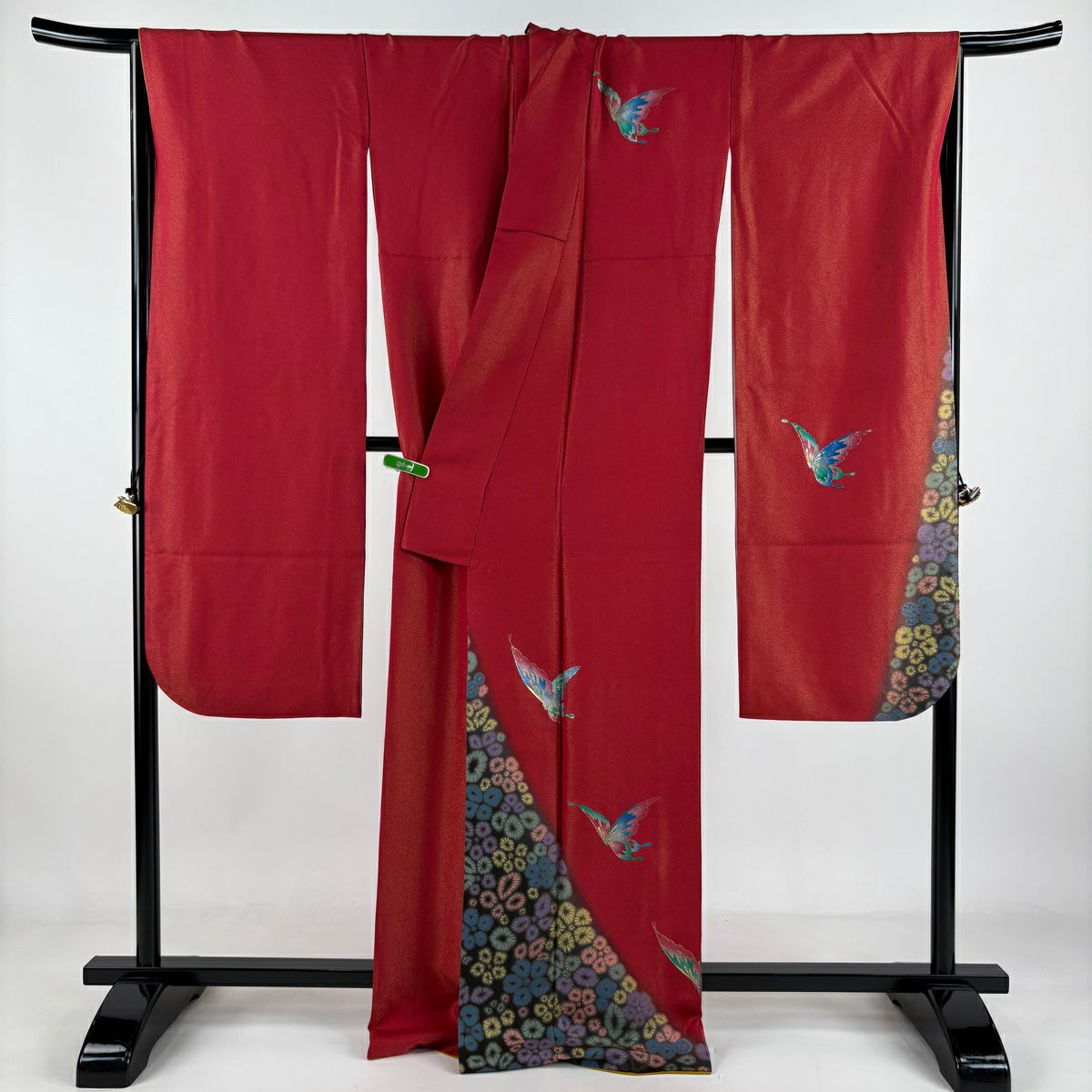 振袖禮服 身長166.5cm 袖長67cm M 雙層 蝶花 金銀彩 金通し 紅 純蠶絲 逸品級