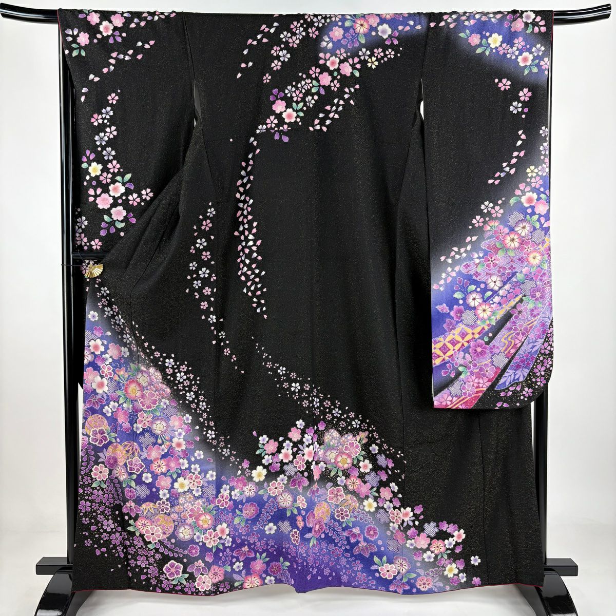 振袖禮服 身長163.5cm 袖長67cm M 雙層櫻花手鞠金通金銀彩黑純蠶絲逸品級