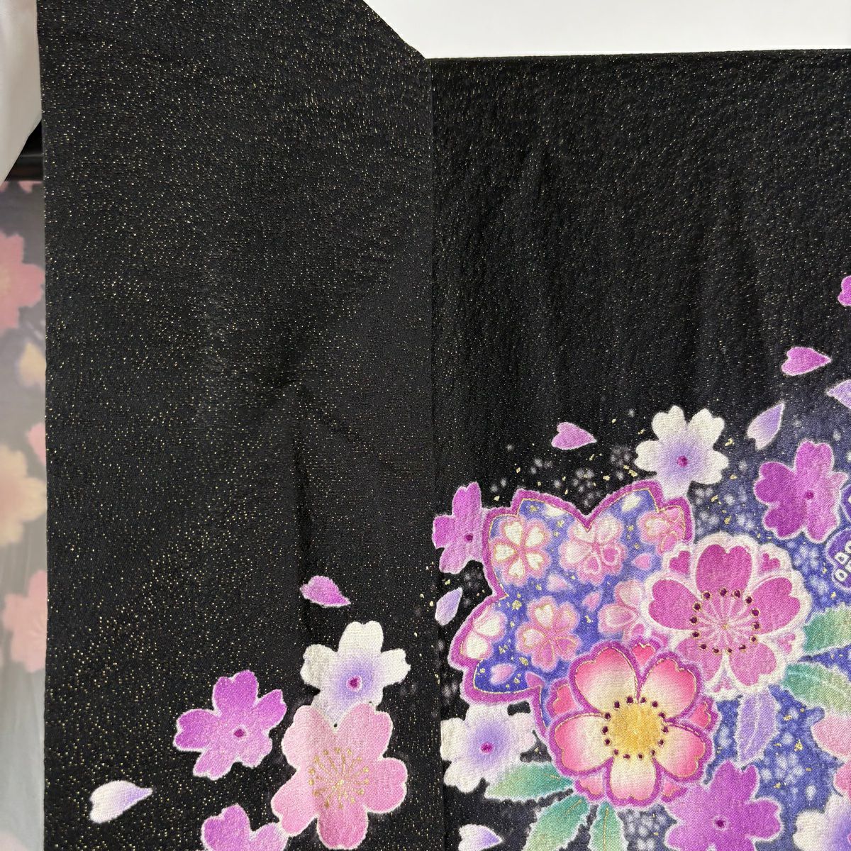 振袖禮服 身長163.5cm 袖長67cm M 雙層櫻花手鞠金通金銀彩黑純蠶絲逸品級