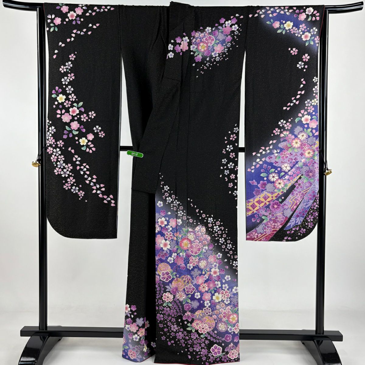 振袖禮服 身長163.5cm 袖長67cm M 雙層櫻花手鞠金通金銀彩黑純蠶絲逸品級
