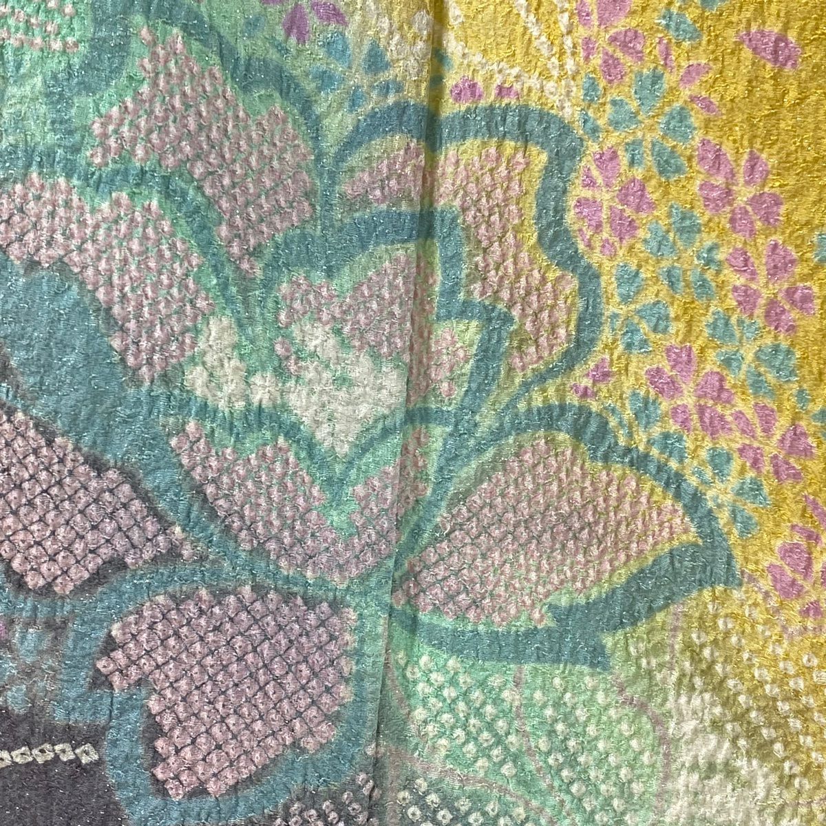 振袖禮服 身長159cm 袖長64cm M 雙層 草花紋紋 花瓣 銀通 金銀彩 絞染 山吹色 純蠶絲 美品 逸品級