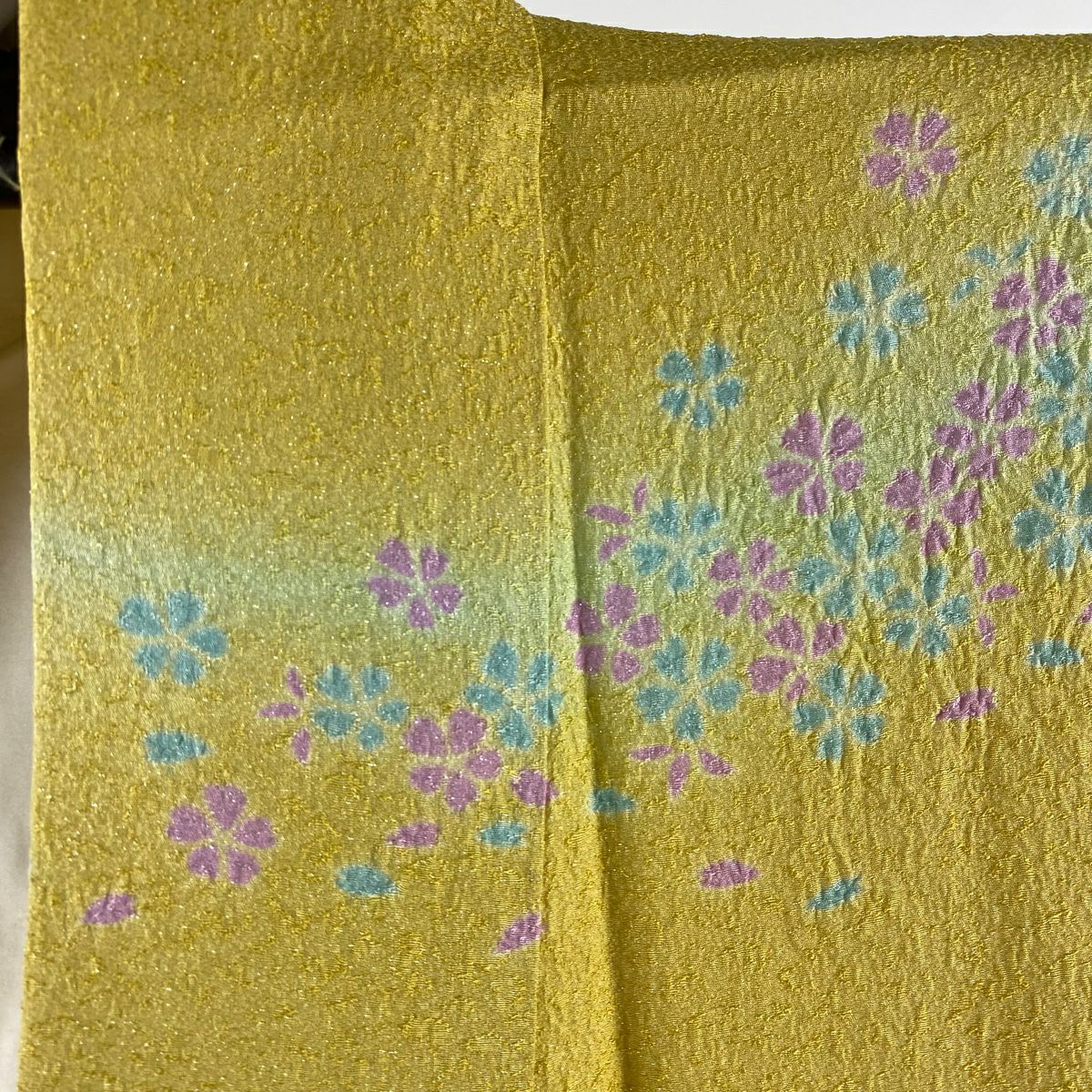 振袖禮服 身長159cm 袖長64cm M 雙層 草花紋紋 花瓣 銀通 金銀彩 絞染 山吹色 純蠶絲 美品 逸品級
