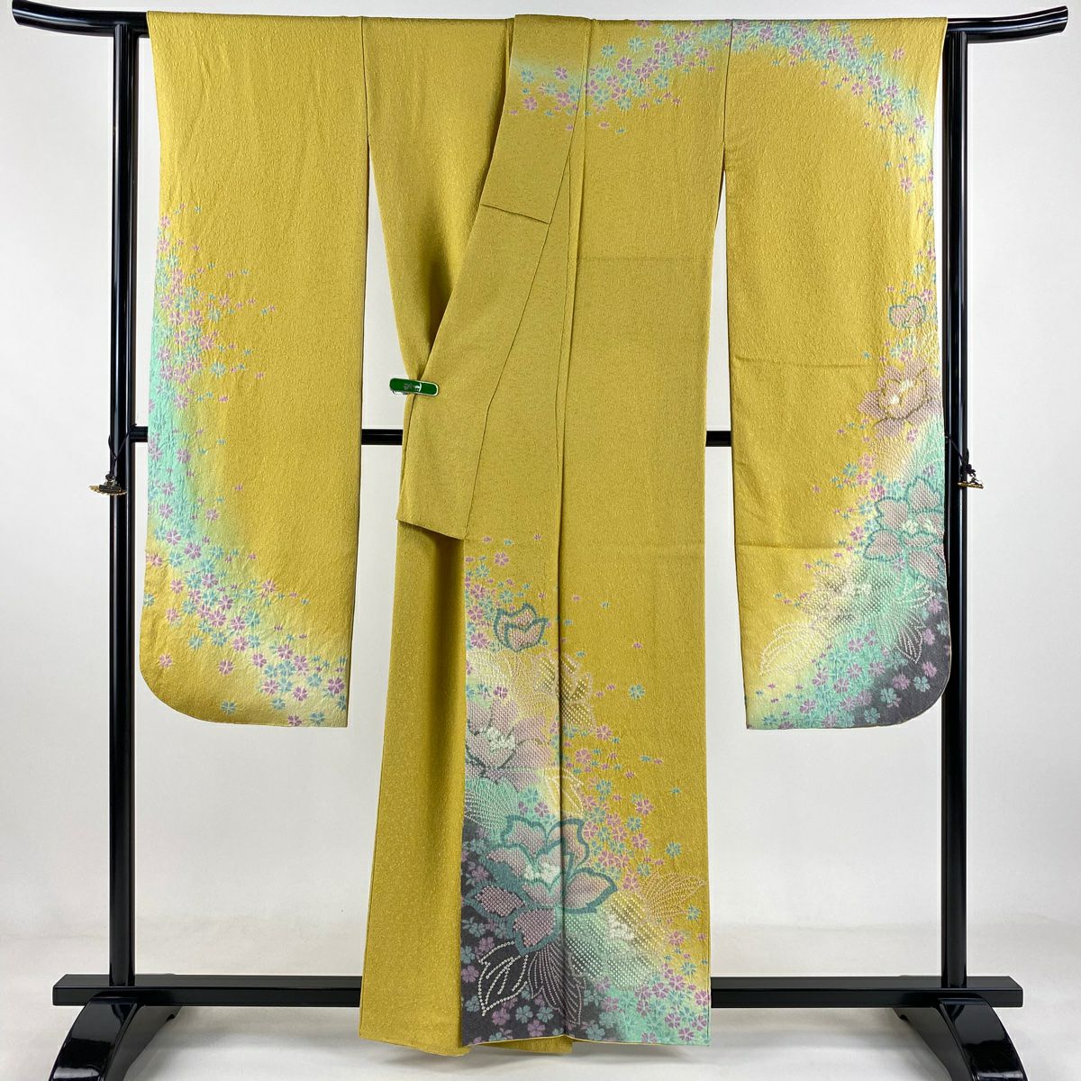 振袖禮服 身長159cm 袖長64cm M 雙層 草花紋紋 花瓣 銀通 金銀彩 絞染 山吹色 純蠶絲 美品 逸品級