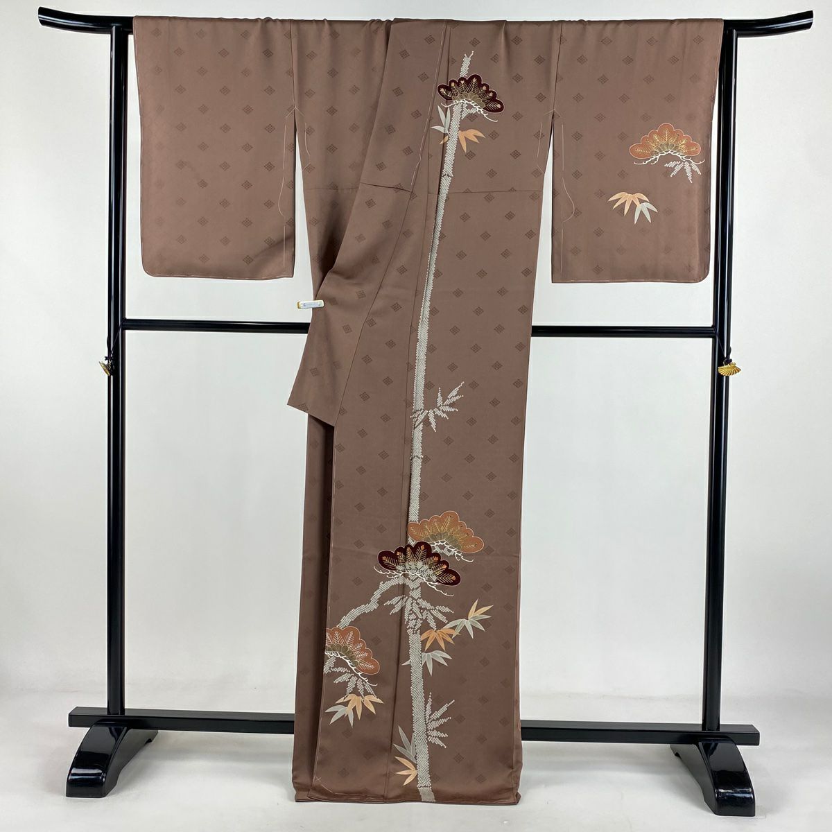 付下 身長171cm 袖長68cm L 雙層 千總 落款 松樹 竹子 金絲 金銀彩 小豆 深紅 純蠶絲 逸品級 一個紋