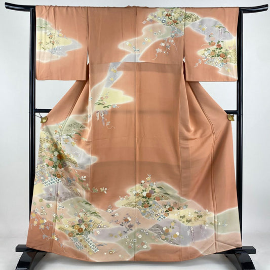 訪問服 身長164cm 袖長63.5cm S 雙層 千總 落款 草花紋紋 流水 金銀彩 金絲 鮭粉色 純蠶絲 逸品級