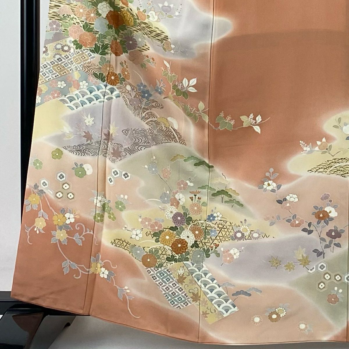 訪問服 身長164cm 袖長63.5cm S 雙層 千總 落款 草花紋紋 流水 金銀彩 金絲 鮭粉色 純蠶絲 逸品級