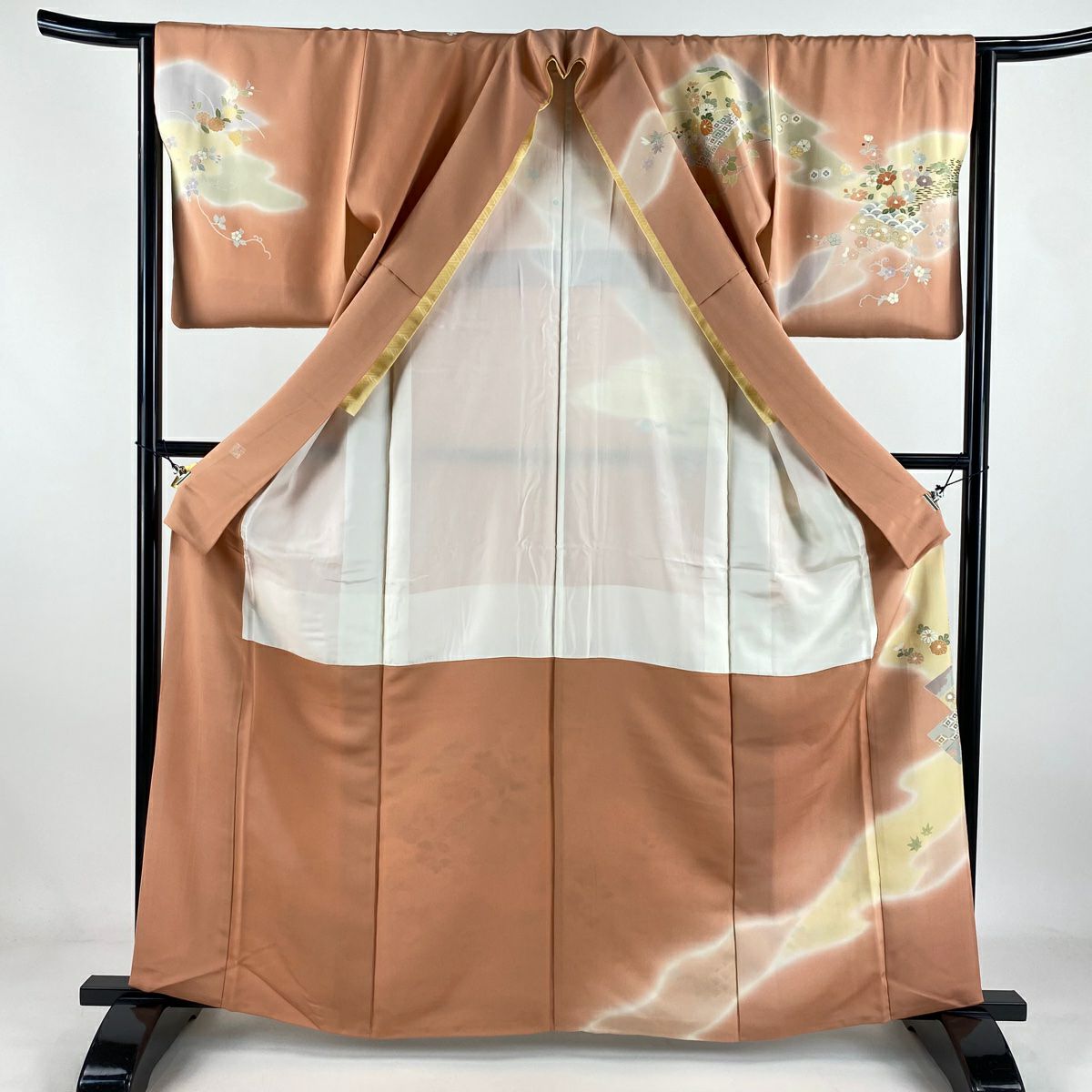 訪問服 身長164cm 袖長63.5cm S 雙層 千總 落款 草花紋紋 流水 金銀彩 金絲 鮭粉色 純蠶絲 逸品級