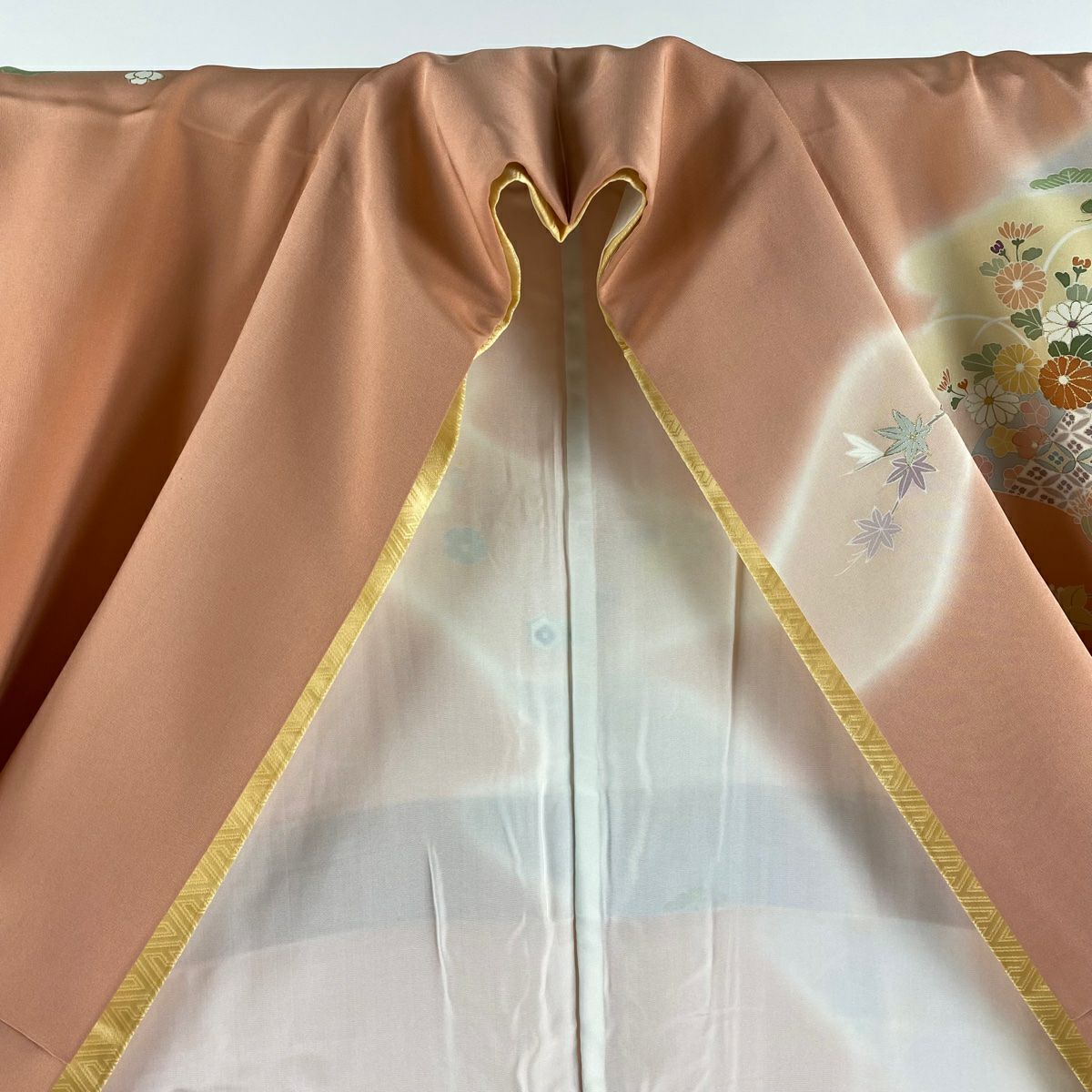 訪問服 身長164cm 袖長63.5cm S 雙層 千總 落款 草花紋紋 流水 金銀彩 金絲 鮭粉色 純蠶絲 逸品級