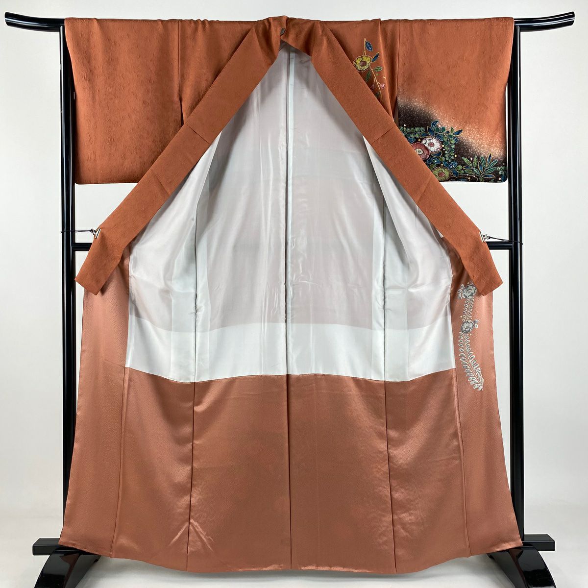 訪問服 身長162.5cm 袖長65cm M 雙層 落款あり 辻花染 流水 金銀彩 染分け 橙色 純蠶絲 名品級