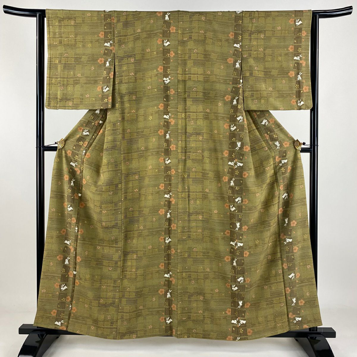 小紋 身長158.5cm 袖長63.5cm S 雙層 兔子 源氏香 金彩裝飾 茶綠 純蠶絲 名品級