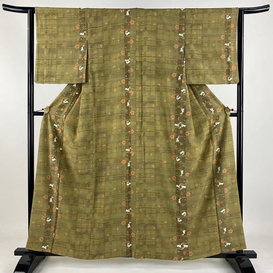 小紋 身長158.5cm 袖長63.5cm S 雙層 兔子 源氏香 金彩裝飾 茶綠 純蠶絲 名品級