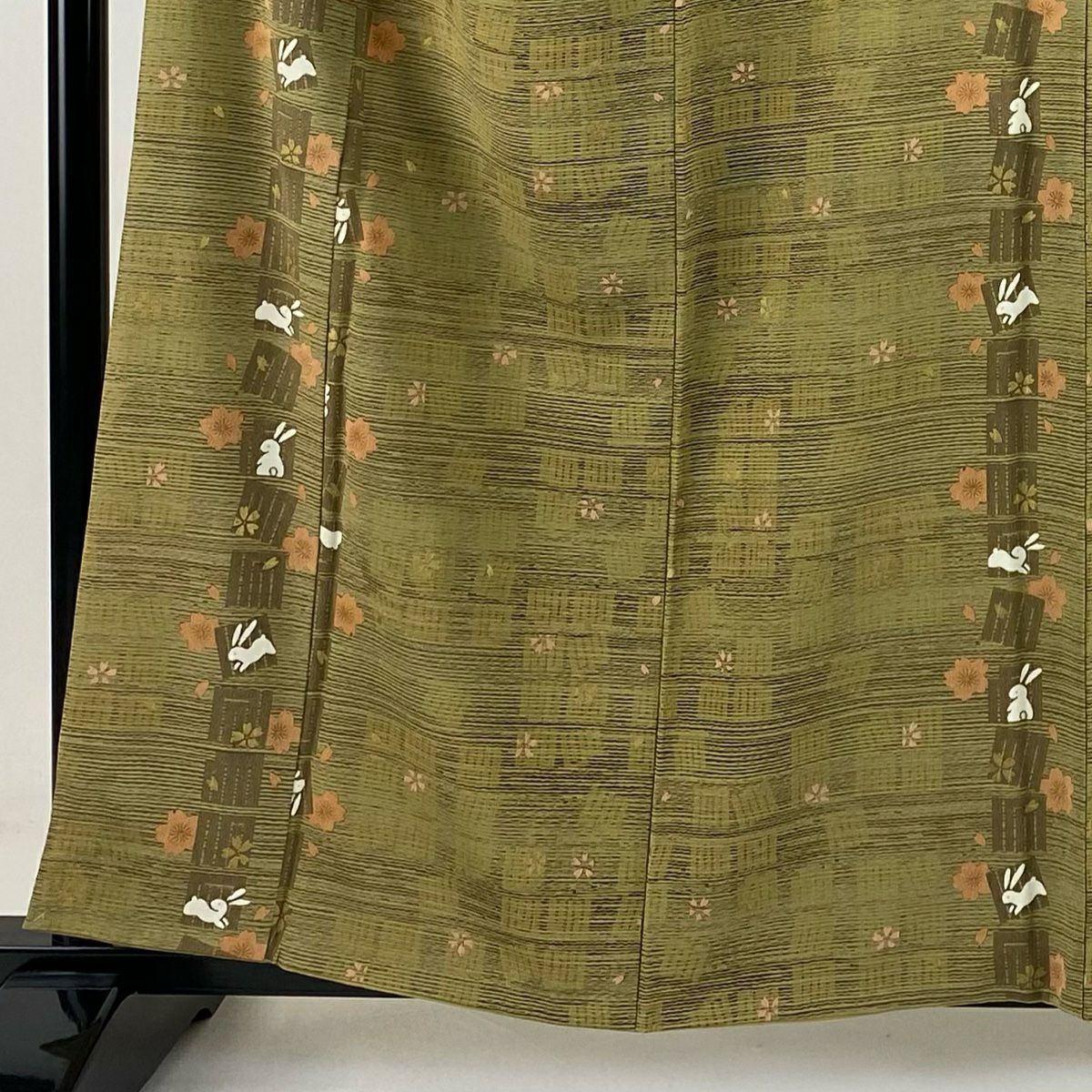 小紋 身長158.5cm 袖長63.5cm S 雙層 兔子 源氏香 金彩裝飾 茶綠 純蠶絲 名品級