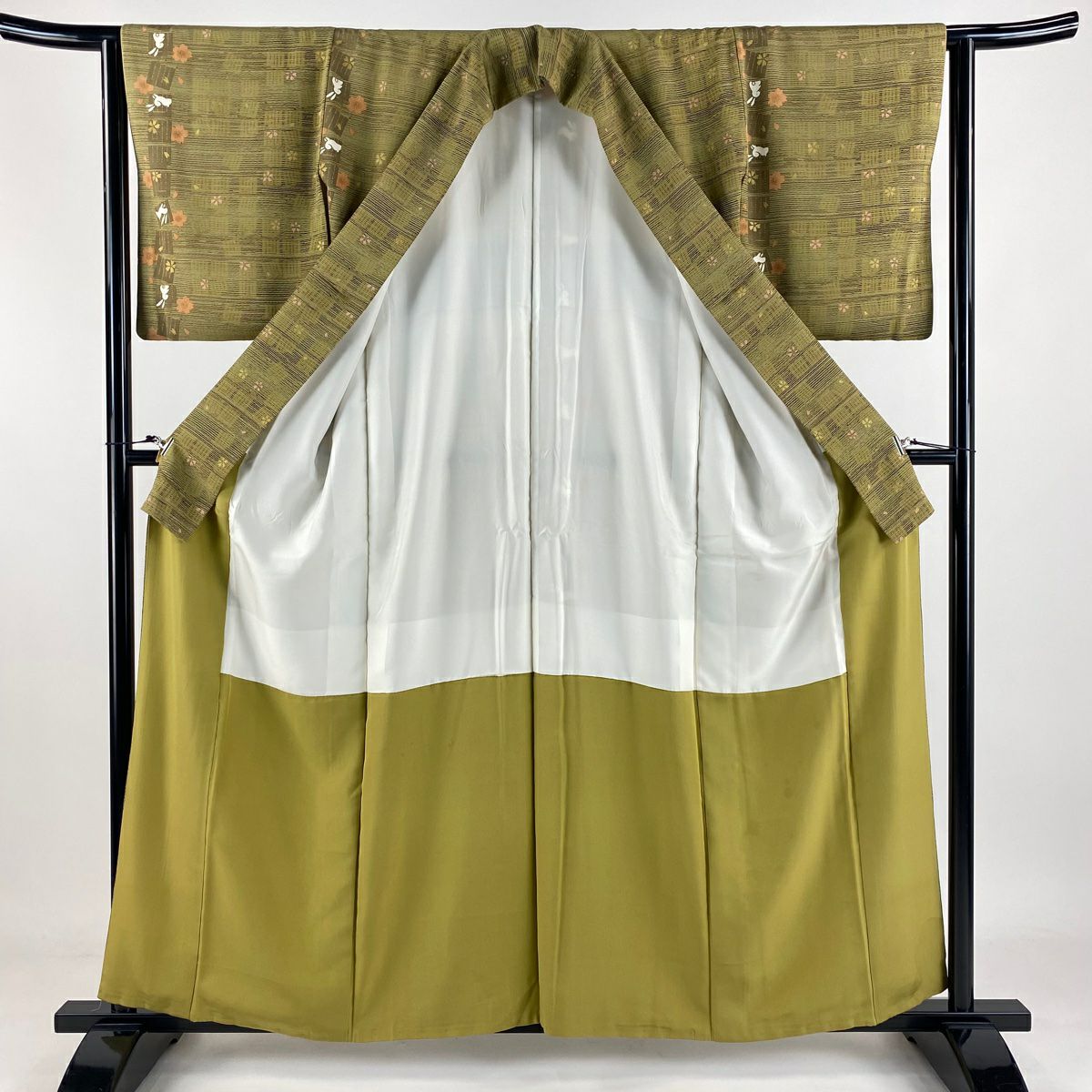 小紋 身長158.5cm 袖長63.5cm S 雙層 兔子 源氏香 金彩裝飾 茶綠 純蠶絲 名品級