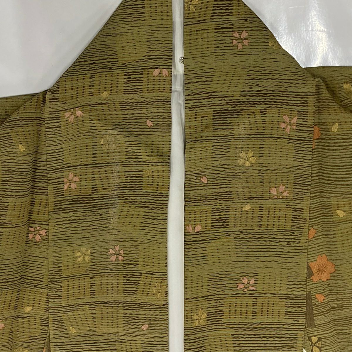 小紋 身長158.5cm 袖長63.5cm S 雙層 兔子 源氏香 金彩裝飾 茶綠 純蠶絲 名品級