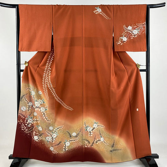 訪問服 身長163cm 袖長63.5cm S 雙層 落款あり 辻花染圖案 染分 淡化 朱色 純蠶絲 美品 名品級