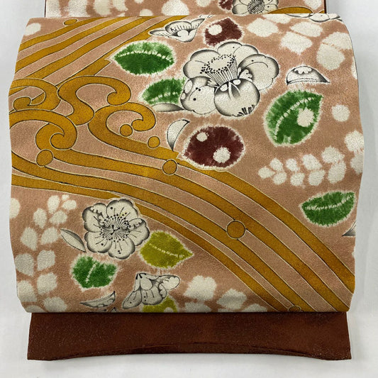 【庫存清倉】 袋帶 名品級 草花紋紋 波紋 金絲 粉米色 大鼓圖案 純蠶絲