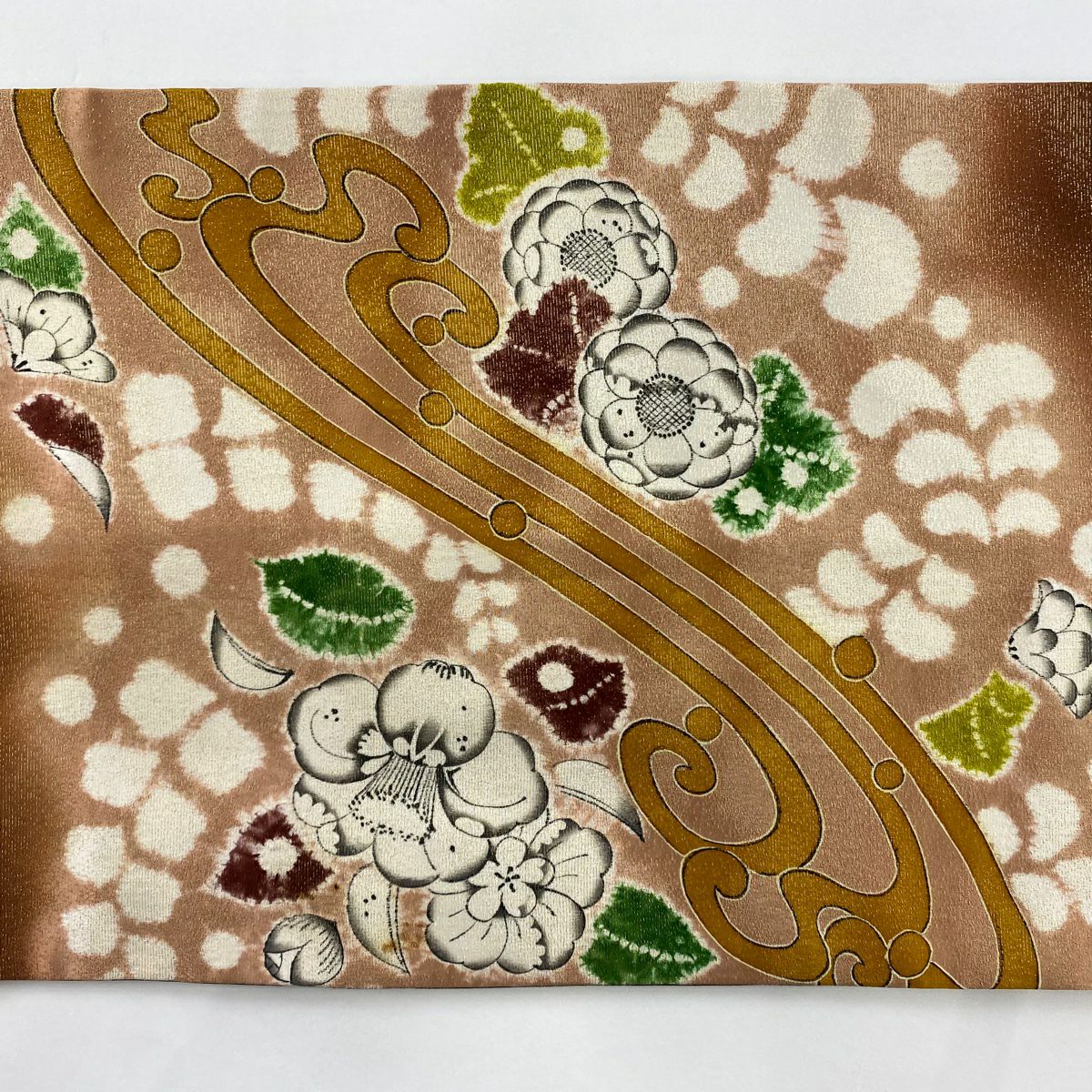 【庫存清倉】 袋帶 名品級 草花紋紋 波紋 金絲 粉米色 大鼓圖案 純蠶絲