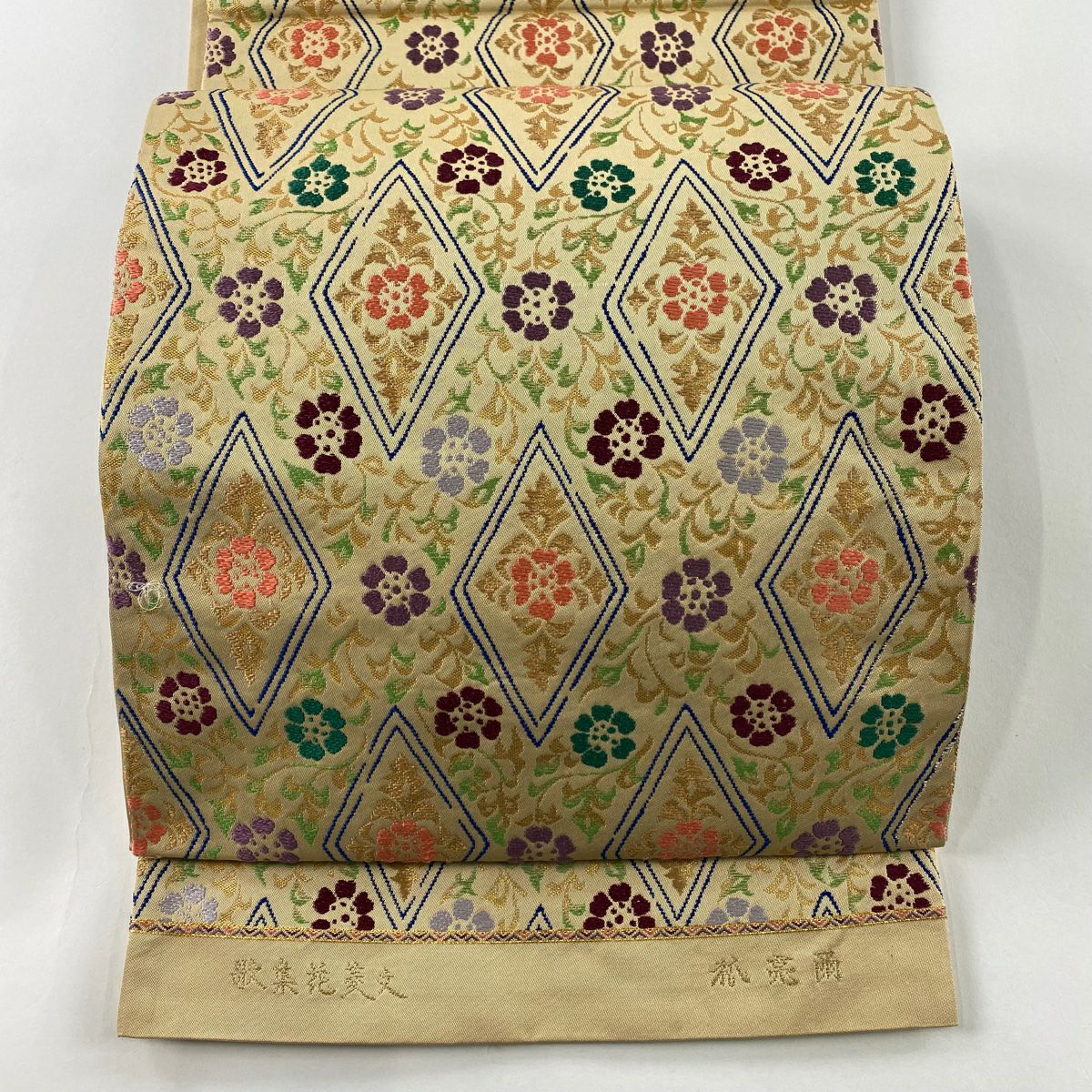 【庫存清倉】 袋帶 美品 名品級 歌集花菱紋 刺繡 金金箔 淺茶 深色 六通 純蠶絲