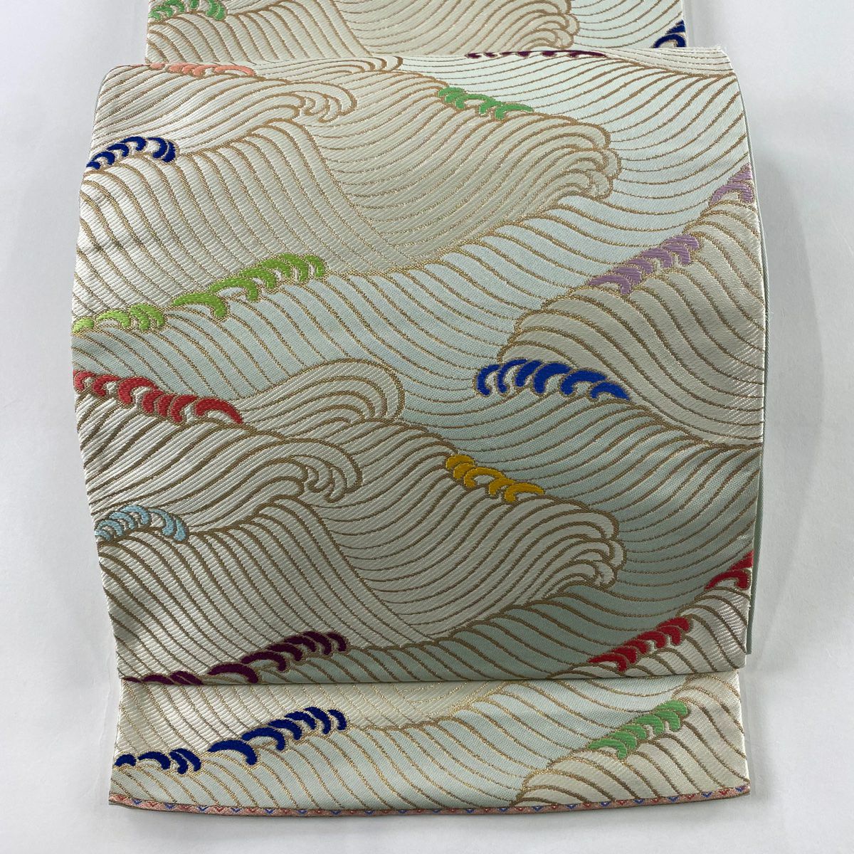 【庫存清倉】 袋帶 名品級 關西仕立 波頭 刺繡 金金箔 淺綠 六通 純蠶絲