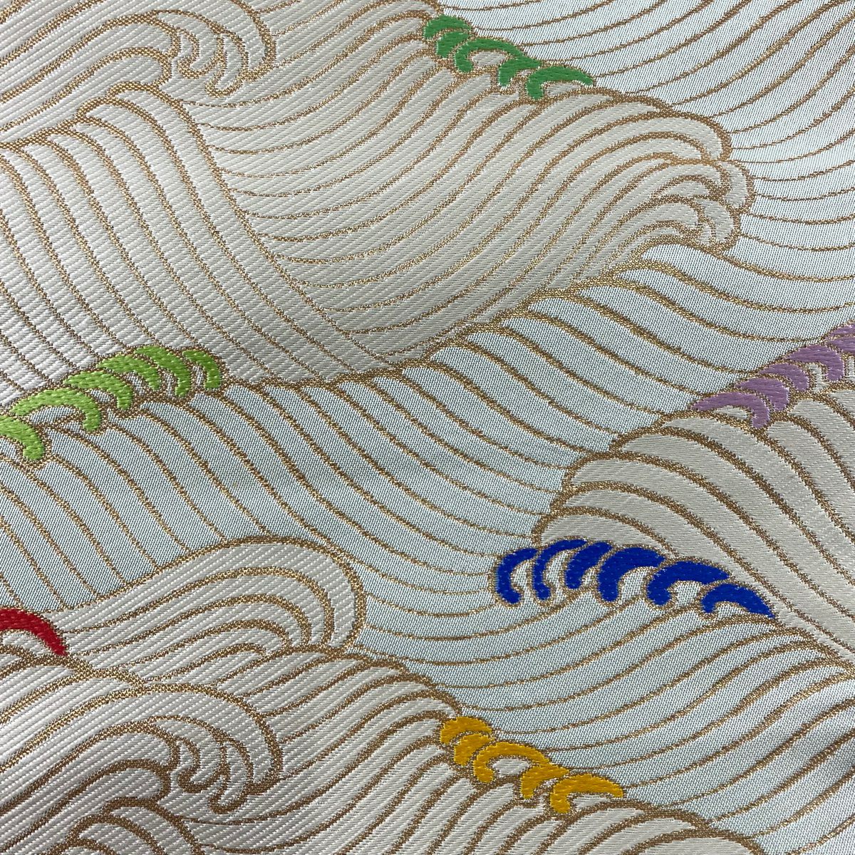 【庫存清倉】 袋帶 名品級 關西仕立 波頭 刺繡 金金箔 淺綠 六通 純蠶絲