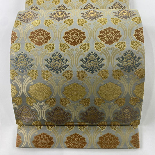 【庫存清倉】 袋帶 美品 名品級 牡丹 金糸 金金箔 灰色 六通 純蠶絲