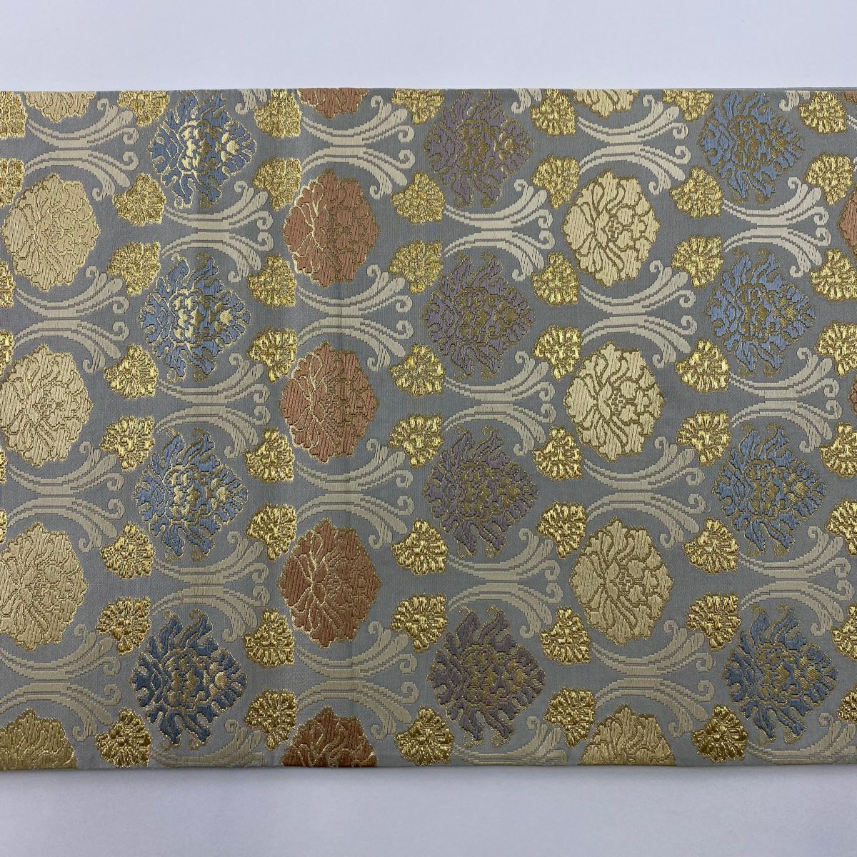 【庫存清倉】 袋帶 美品 名品級 牡丹 金糸 金金箔 灰色 六通 純蠶絲