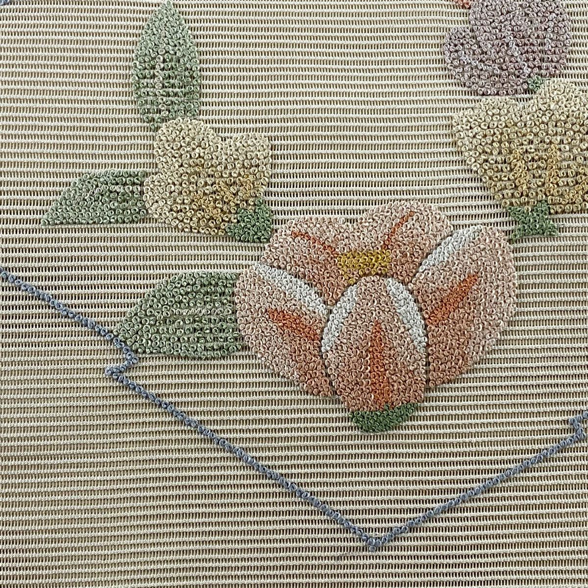 名古屋帶 美品 名品級 夏帶 八寸名古屋帶 草花紋紋 松樹皮菱 相良刺繡 米色 純蠶絲