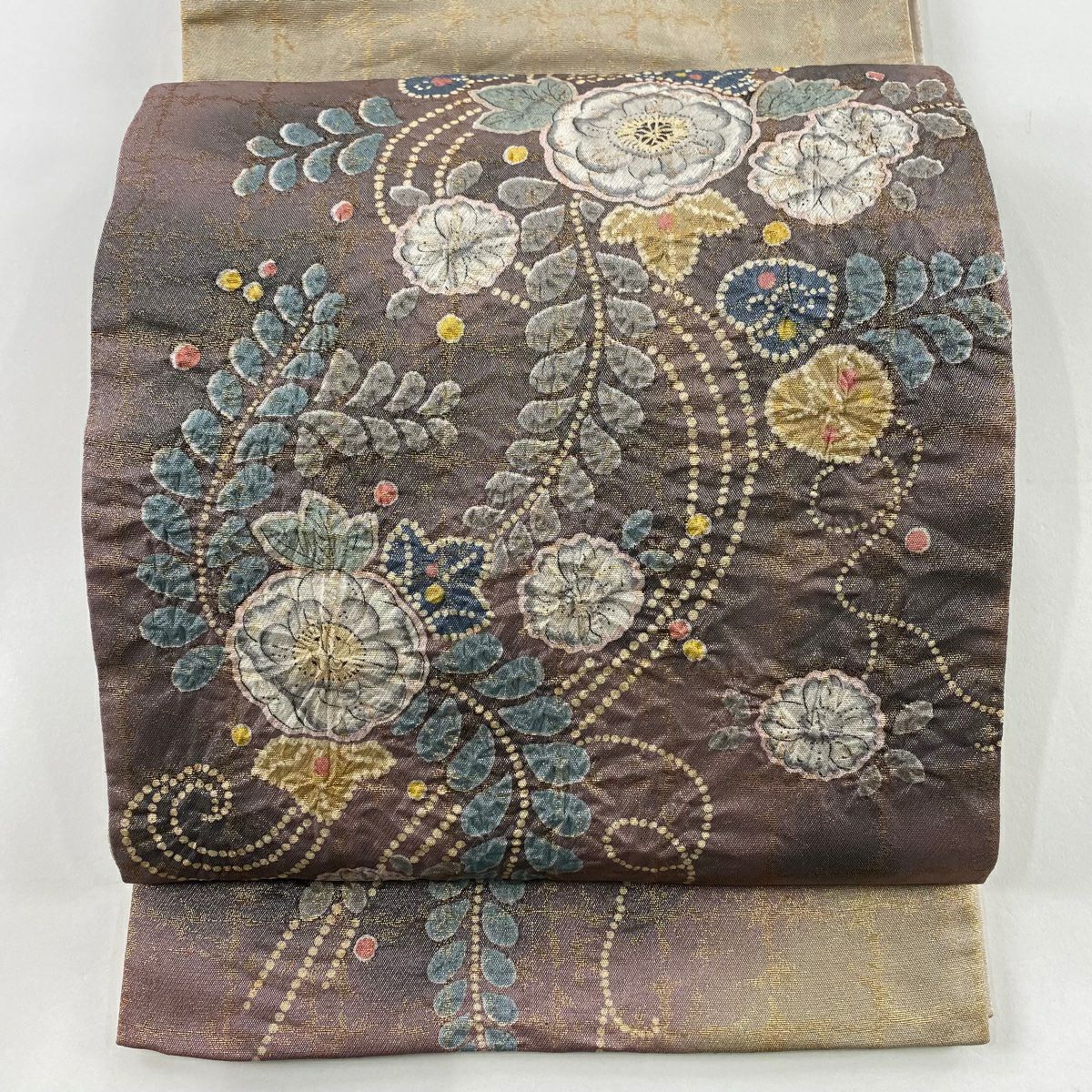 【庫存清倉】 袋帶 美品 名品級 辻花染 漸層 金金箔 灰紫 大鼓圖案 純蠶絲