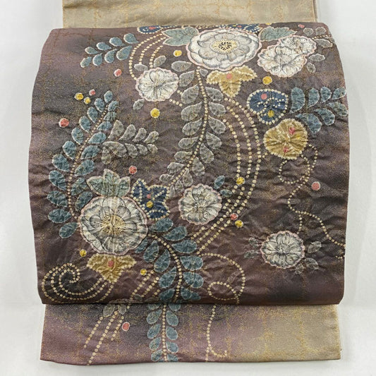 【庫存清倉】 袋帶 美品 名品級 辻花染 漸層 金金箔 灰紫 大鼓圖案 純蠶絲
