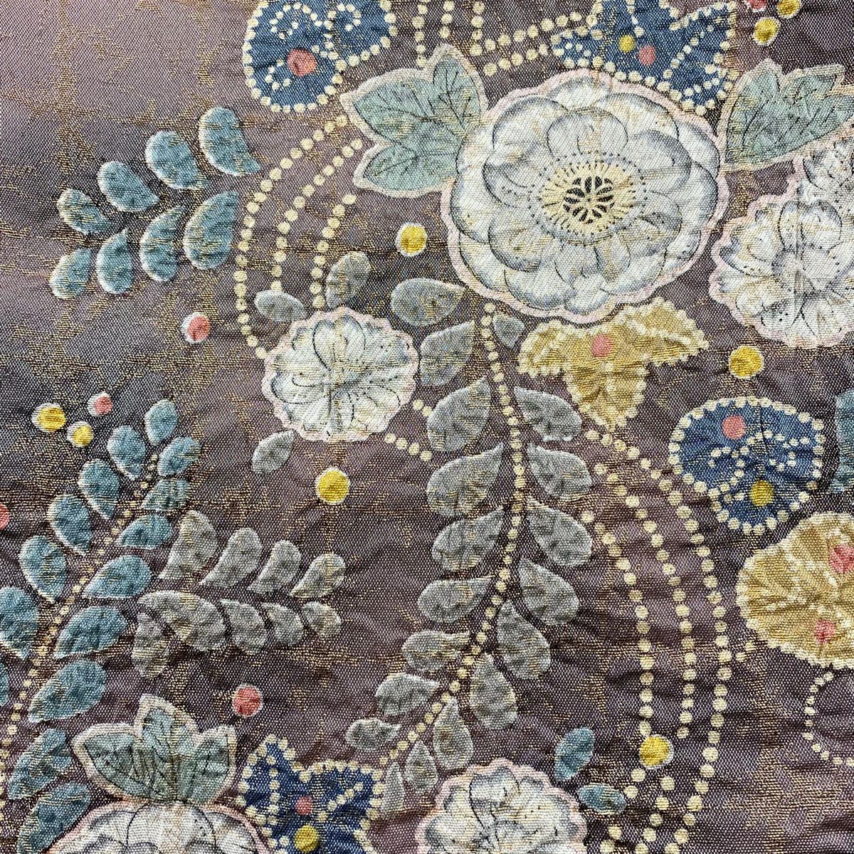 【庫存清倉】 袋帶 美品 名品級 辻花染 漸層 金金箔 灰紫 大鼓圖案 純蠶絲