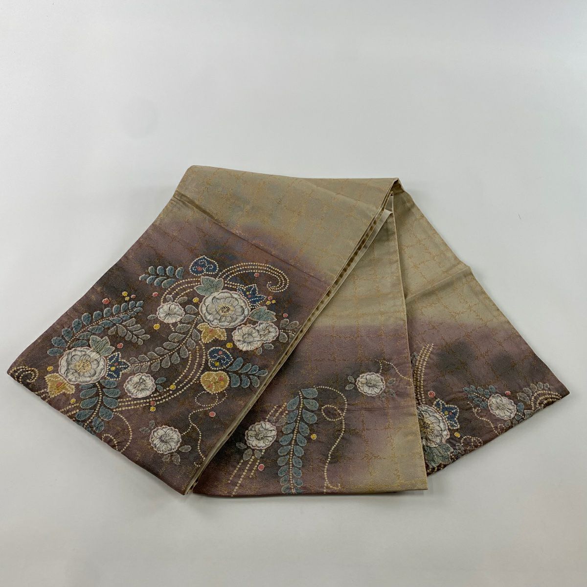 【庫存清倉】 袋帶 美品 名品級 辻花染 漸層 金金箔 灰紫 大鼓圖案 純蠶絲