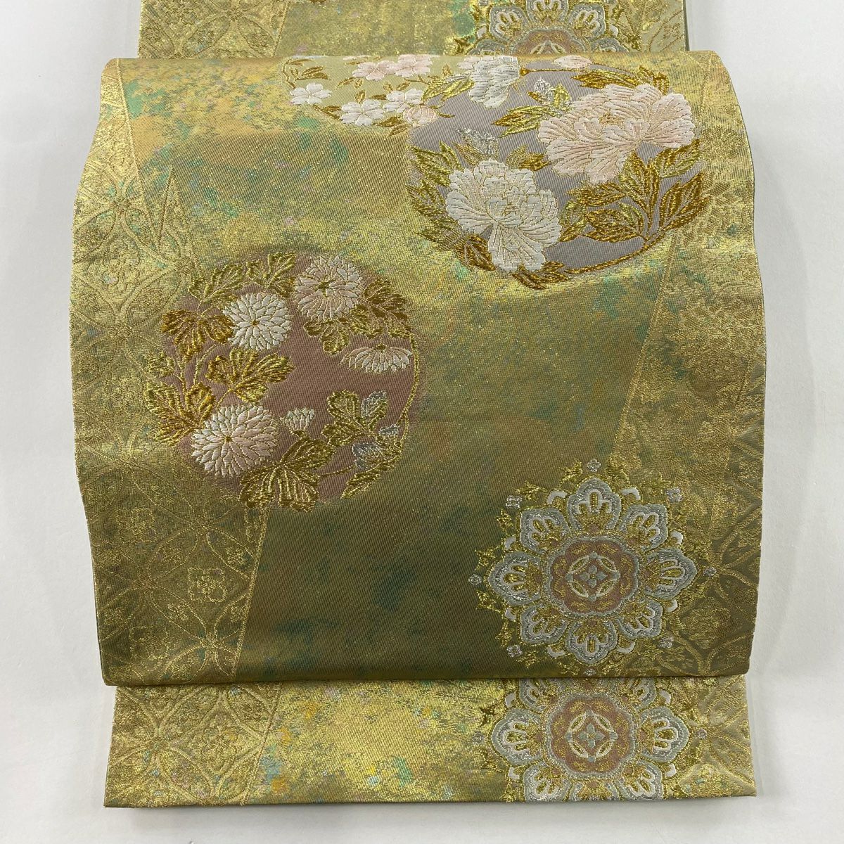 【庫存清倉】 袋帶 美品 名品級 附落款 篠屋宗兵衛 華紋 花唐草紋 金銀線 金金箔 金色 六通 純蠶絲