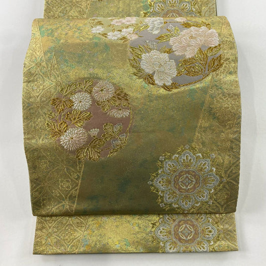 【庫存清倉】 袋帶 美品 名品級 附落款 篠屋宗兵衛 華紋 花唐草紋 金銀線 金金箔 金色 六通 純蠶絲