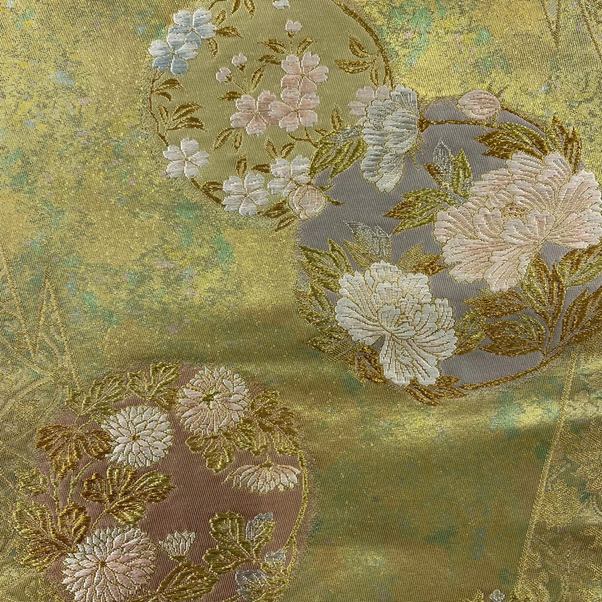 【庫存清倉】 袋帶 美品 名品級 附落款 篠屋宗兵衛 華紋 花唐草紋 金銀線 金金箔 金色 六通 純蠶絲