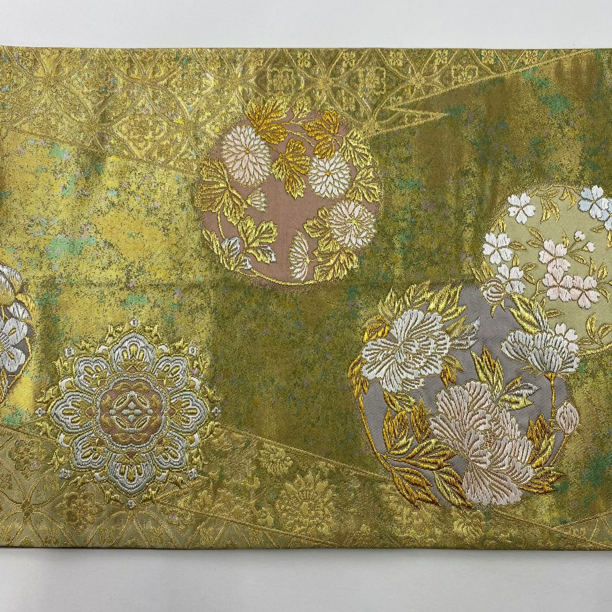 【庫存清倉】 袋帶 美品 名品級 附落款 篠屋宗兵衛 華紋 花唐草紋 金銀線 金金箔 金色 六通 純蠶絲